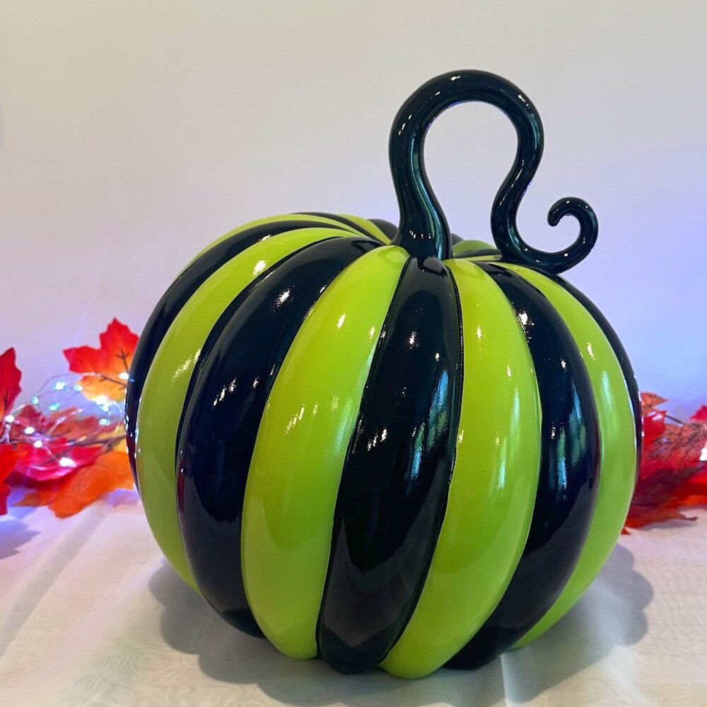 Halloween 12"  Green and Black Striped resin pumpkin for indoor/ outdoor use